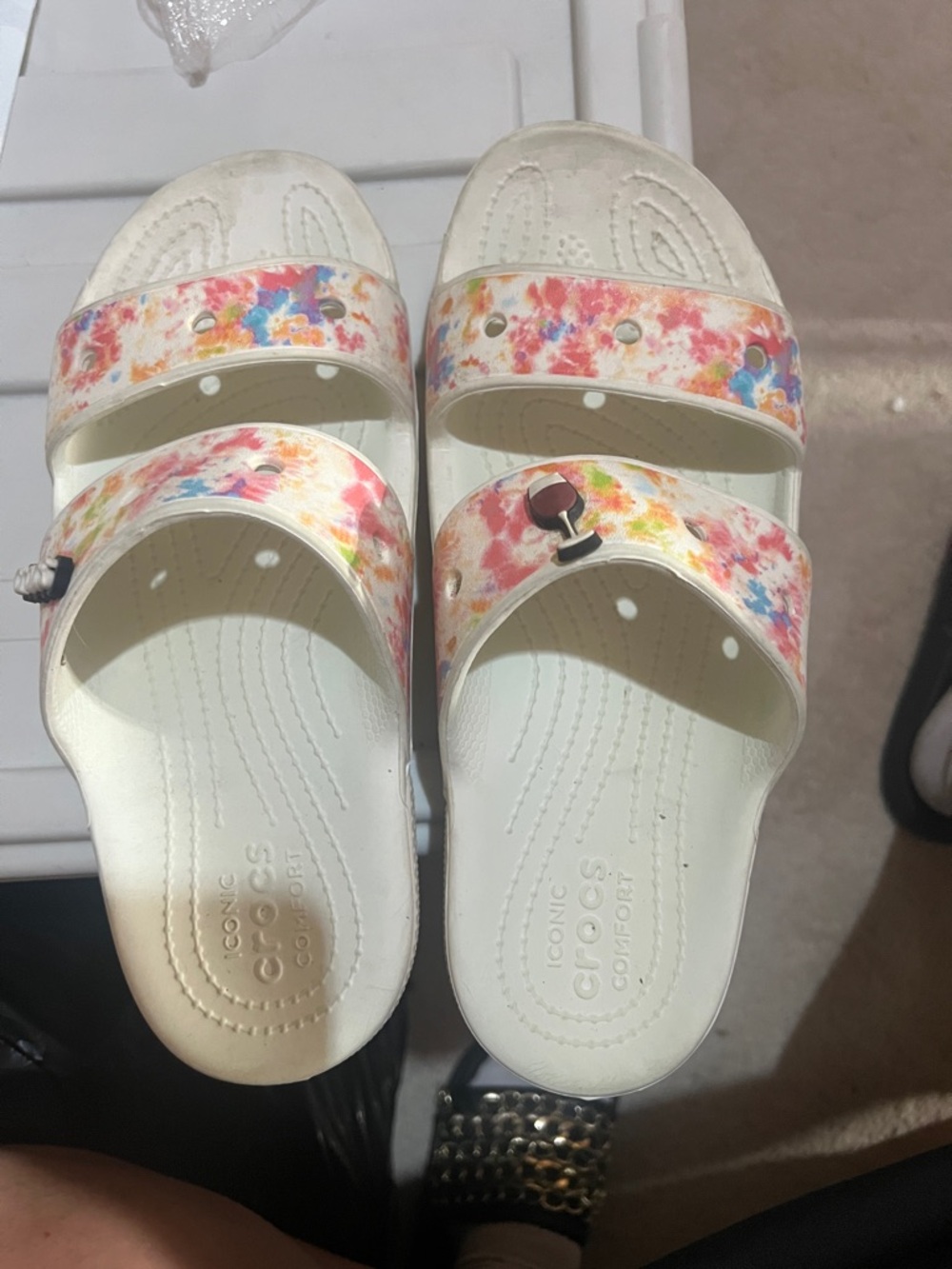 CROCS White womens’ Floral Double-Strap Slide Sandals